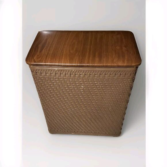 VTG 1975 Wicker Clothes Hamper Burlington Basket Company Chocolate 22.5x19.5x10 - Picture 2 of 16